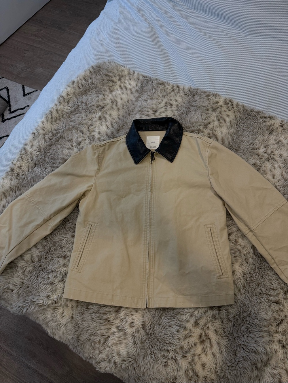 Mango Beige Jacket with Black Leather Collar